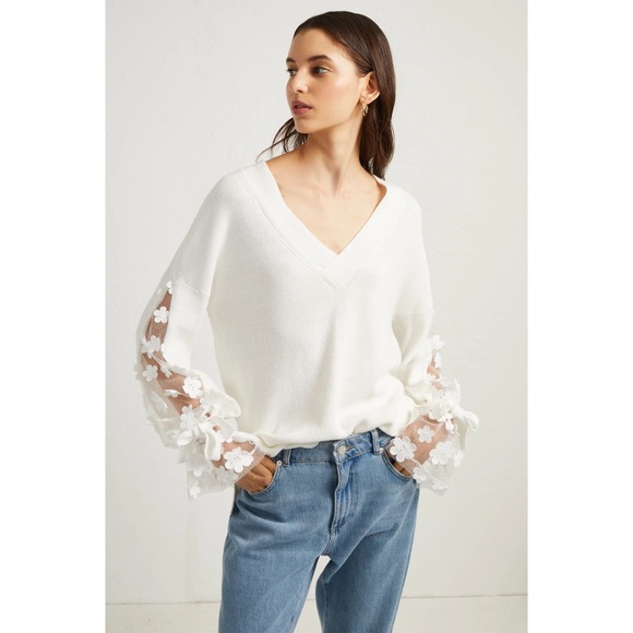 French Connection Caballo Floral-Lace Sleeve Sweater - Picture 2 of 7